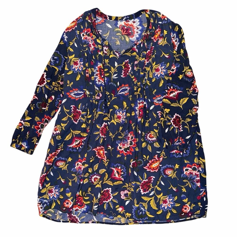 Old navy vibrant floral print long sleeve navy blue dress XL cottagecore pleats